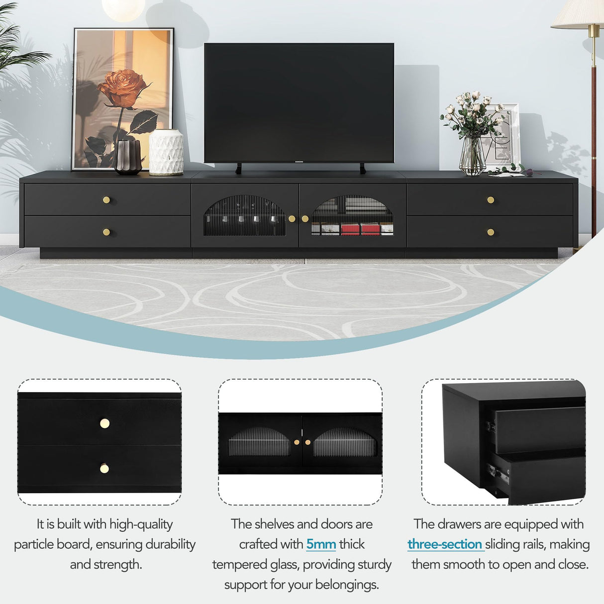 LUMISOL Modern TV Stand for 90"+ TV, 86" Extra Long TV Console with 2 Doors & 4 Drawers, Large Media Cabinet Entertainment Center with Fluted Glass Doors for Living Room, Black LUMISOL