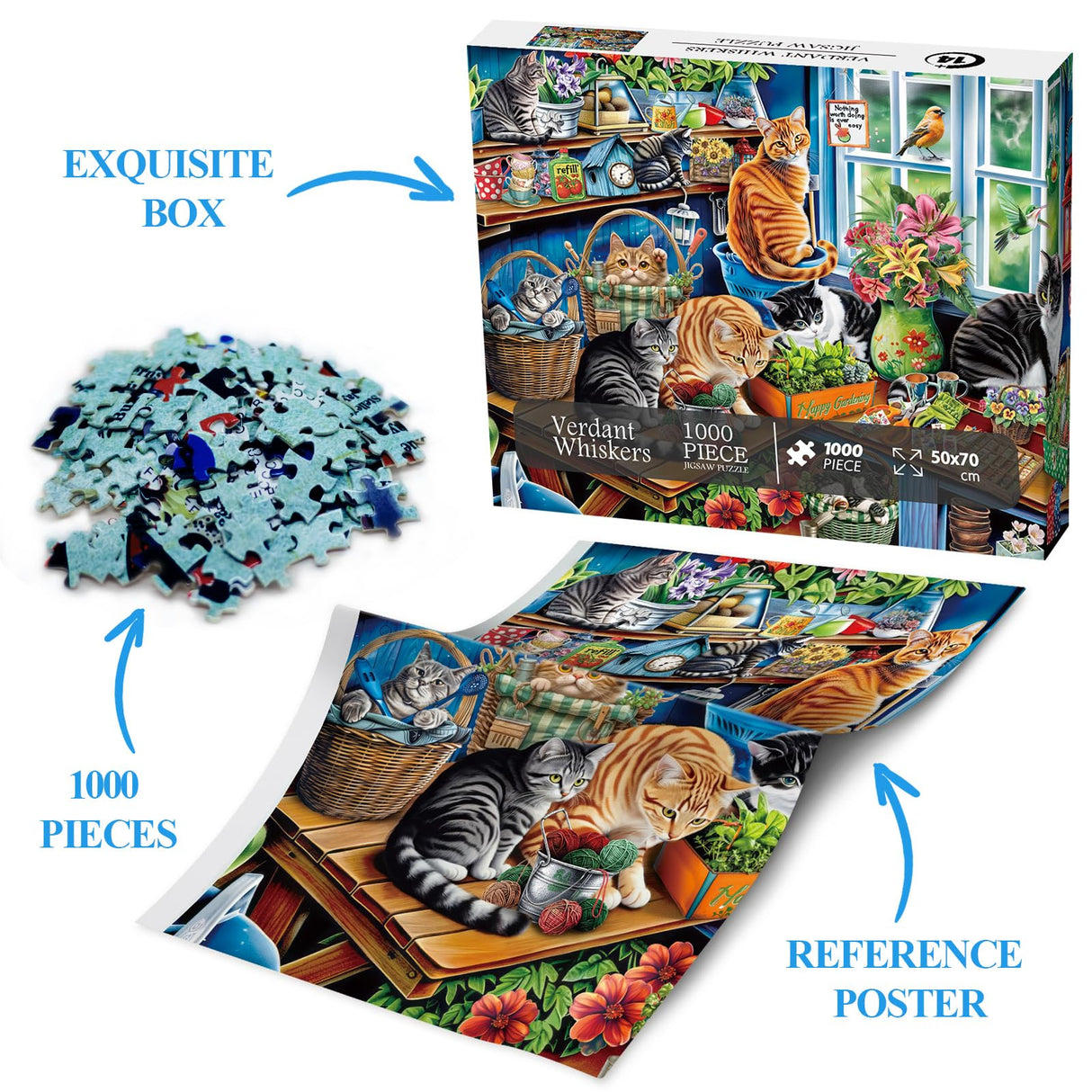 Cat Gardening Cabin Puzzle for Adults 1000 Pieces, Flower Plant Jigsaw Puzzle, Cute Kitten Garden Puzzle BBOLDIN