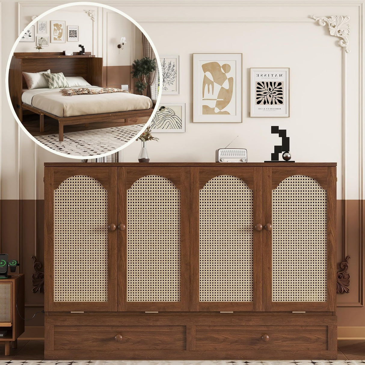 KALALLA Queen Size Murphy Bed Cabinet with Storage Drawers, USB Charging Station, Retro Rattan Style Foldable Hidden Dresser Bed, Murphy Chest Cube Bed for Adults, Walnut KALALLA