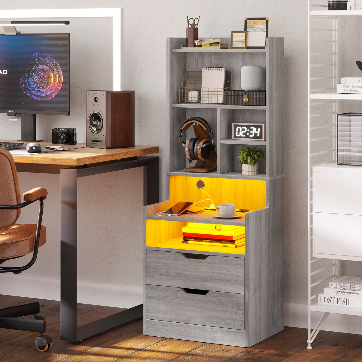 BTHFST Grey Tall Nightstand Set of 2 with LED Lights and Charging Station BTHFST