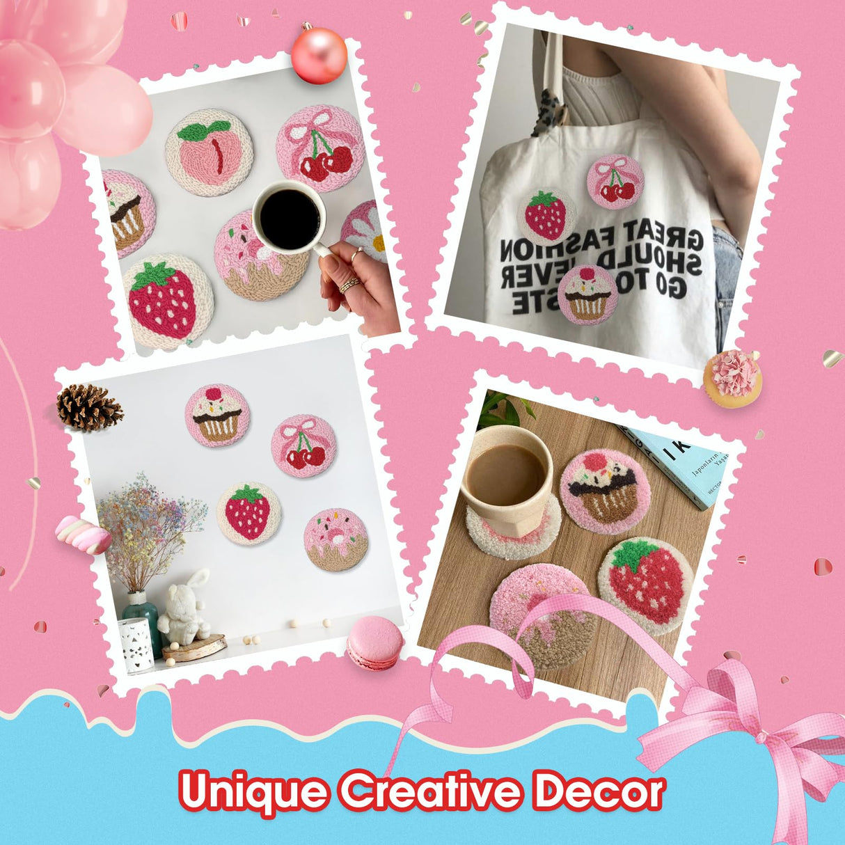 yuegool 6PCS Punch Needle Coaster Kit,Easy DIY Embroidery Set for Beginners, Kids & Adults with Patterns, Tools, Yarns, Hoop, Instructions & Coaster Holder yuegool