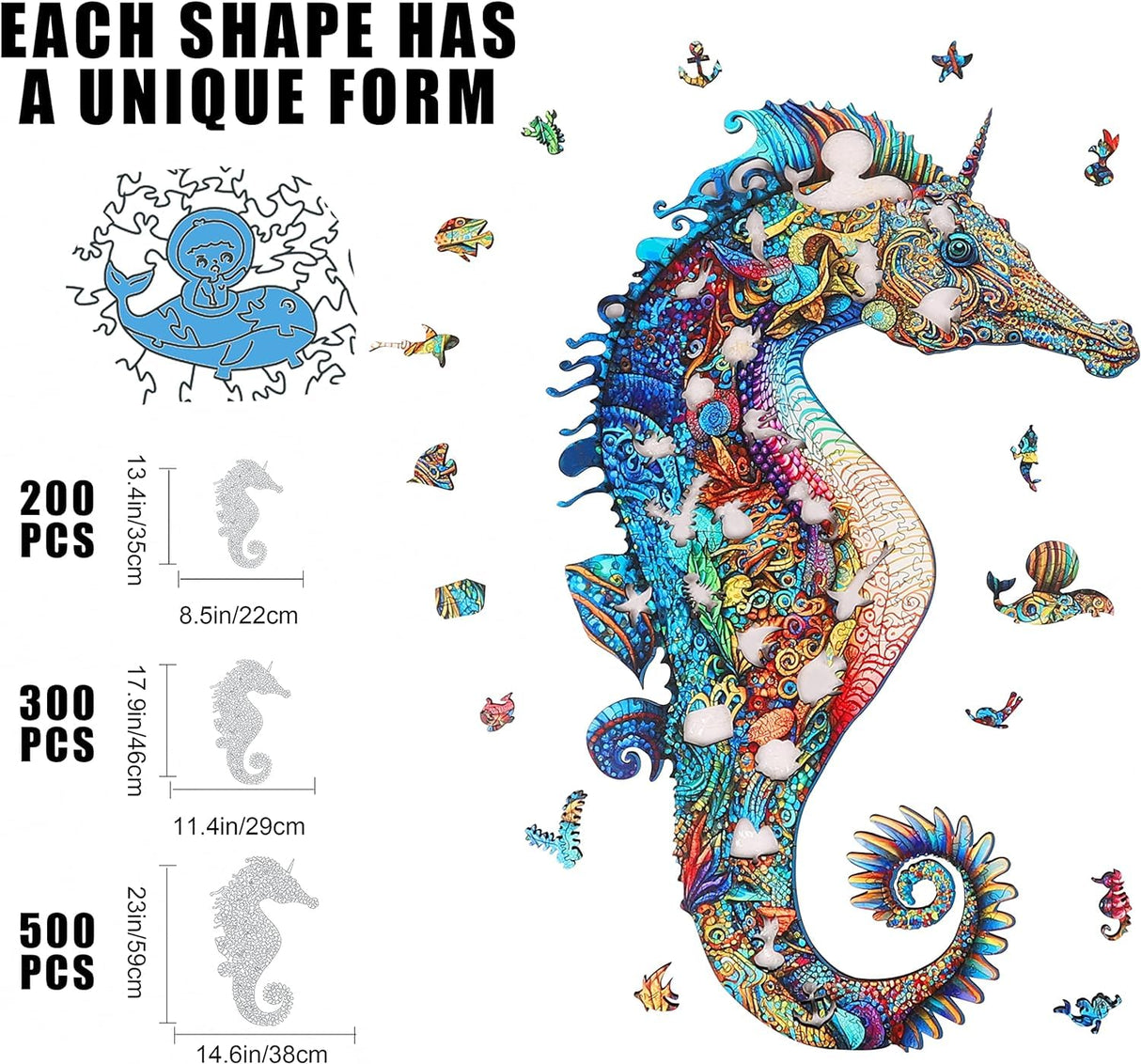 MYS Aurora Wooden Jigsaw Puzzles, Unicorn Seahorse Wood Puzzle 200 Pieces, Unique Shaped Wooden Puzzles for Adults and Kids, Family Game 8.5 x 13.4 Inches Mys Aurora