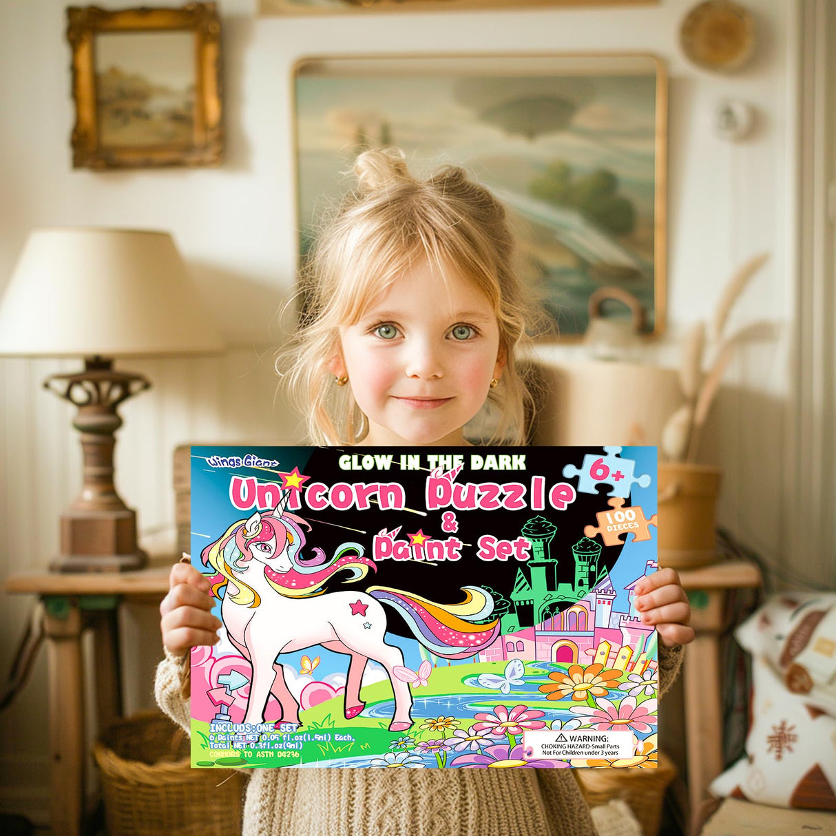 Glow in The Dark 100 Piece Unicorn Puzzle with Paint for Kids, Jigsaw Puzzle Toys for Girls&Boys, Unicorn Birthday Gift for Girls Toodler Age 5 6 7 8 Wings Giant