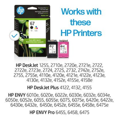 HP 67 Black/Tri-color Ink Cartridges (2 Pack) | Works with HP DeskJet 1255, 2700, 4100 Series, HP ENVY 6000, 6400 Series | Eligible for Instant Ink | 3YP29AN