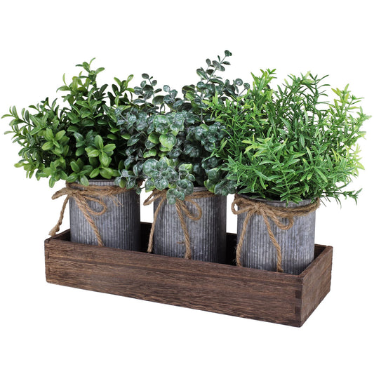 Set of 3 Mini Potted Plants Arrangement Faux Boxwood Eucalyptus Rosemary Plants in Rustic Galvanized Metal Pots with Rectangle Wood Box for Farmhouse Table Centerpiece Mantel Kitchen Greenery Decor