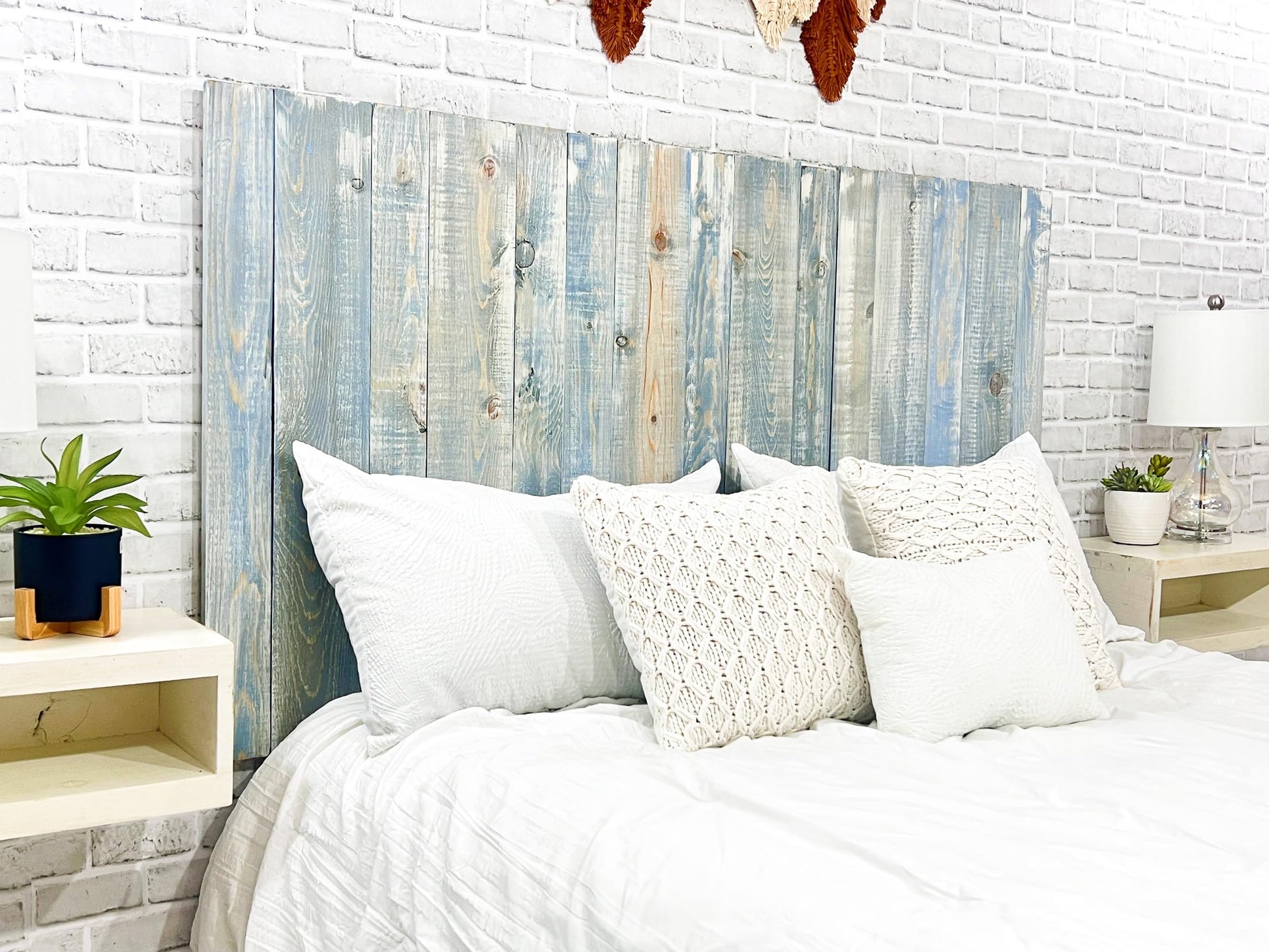 Barn Walls Blue Powderwash Headboard, Farmhouse Design, Wood Headboard, Wash Finish, Floating Panels, Wall Mount, Adjustable Height, Queen Size - WoodArtSupply