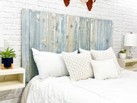 Barn Walls Blue Powderwash Headboard, Farmhouse Design, Wood Headboard, Wash Finish, Floating Panels, Wall Mount, Adjustable Height, Queen Size Barn Walls