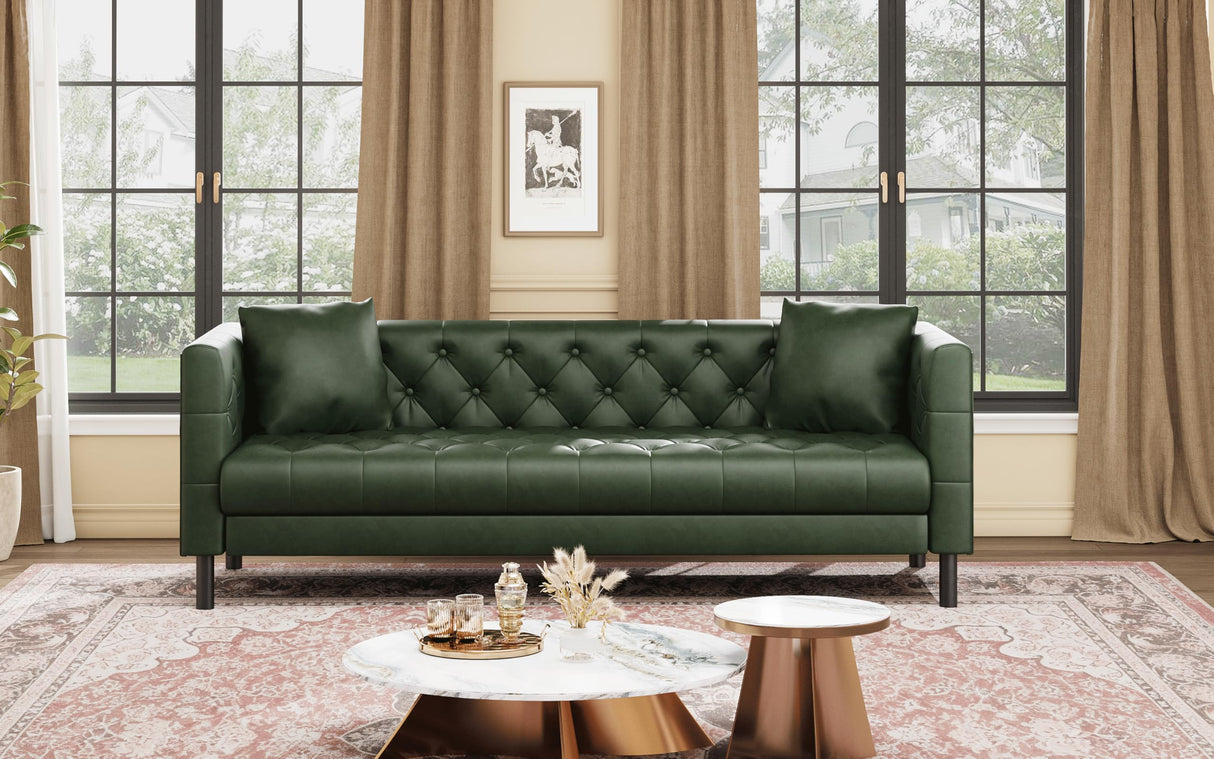 81" Mid-Century Modern Leather Sofa for Living Room, Chesterfield Sofa with Deep Seats and 2 Pillows, 3 Seater Couch with Button Tufted, Leather Couch for Apartment, Office, Green IDEALHOUSE