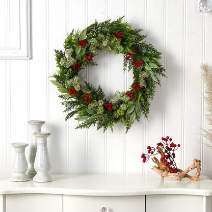 Nearly Natural 24in. Cedar, Eucalyptus and Berries Artificial Christmas Wreath