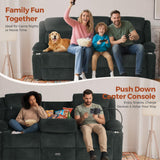 ABCASA 3 Seater Recliner Sofa, Manual Reclining Couch with Flip Middle Backrest, Phone Holder, Side Pocket, Drawer, Power Outlet, Reclining Sleeper for Living Room, Home Theater & RV (Textile - Gray) ABCASA