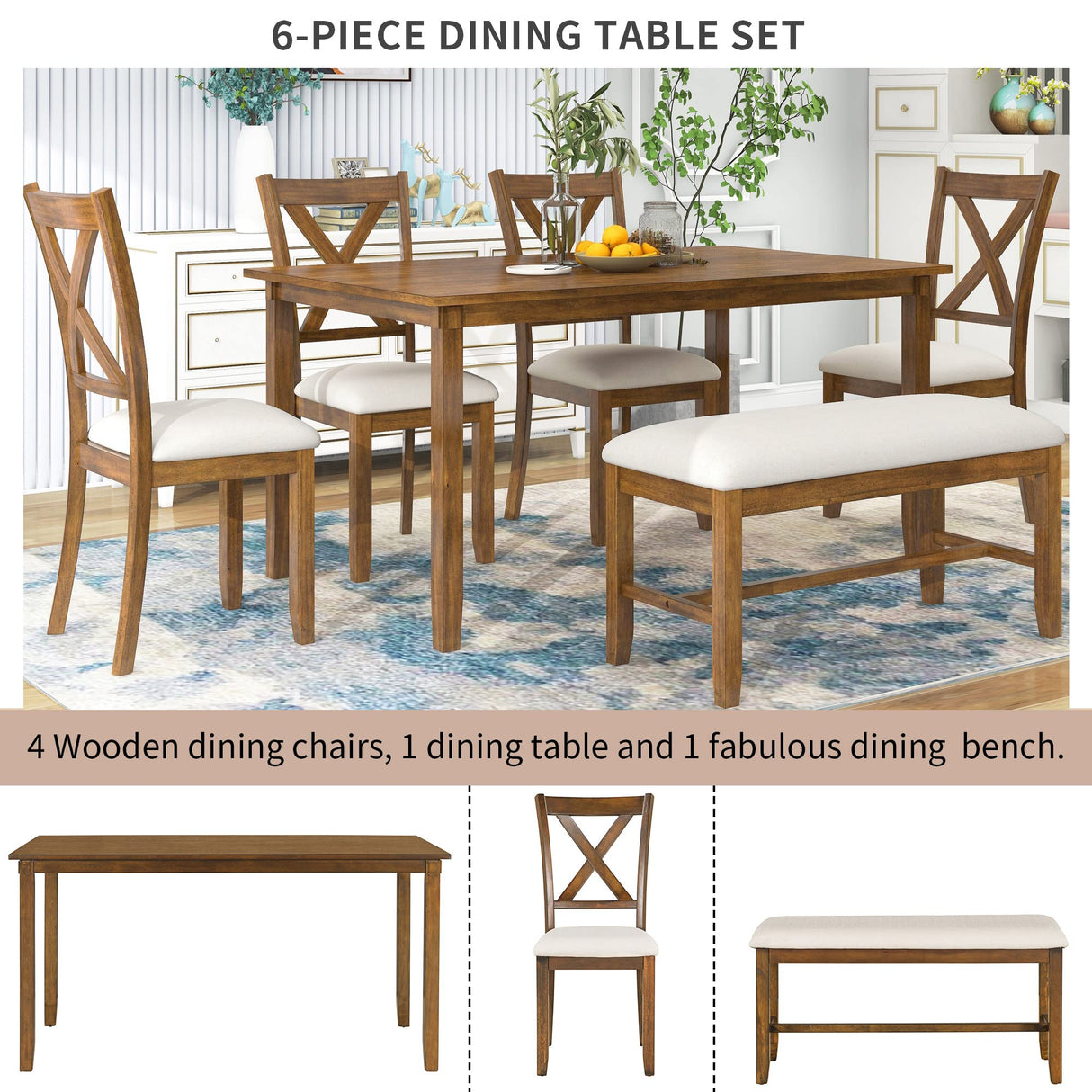 6 Piece Dining Table Set, Wooden Rectangular Kitchen Table and 4 Dining Chairs with Cushions and 1 Bench with Cushion, Wooden Kitchen Dining Room Table Set for 6, Brown Bellemave