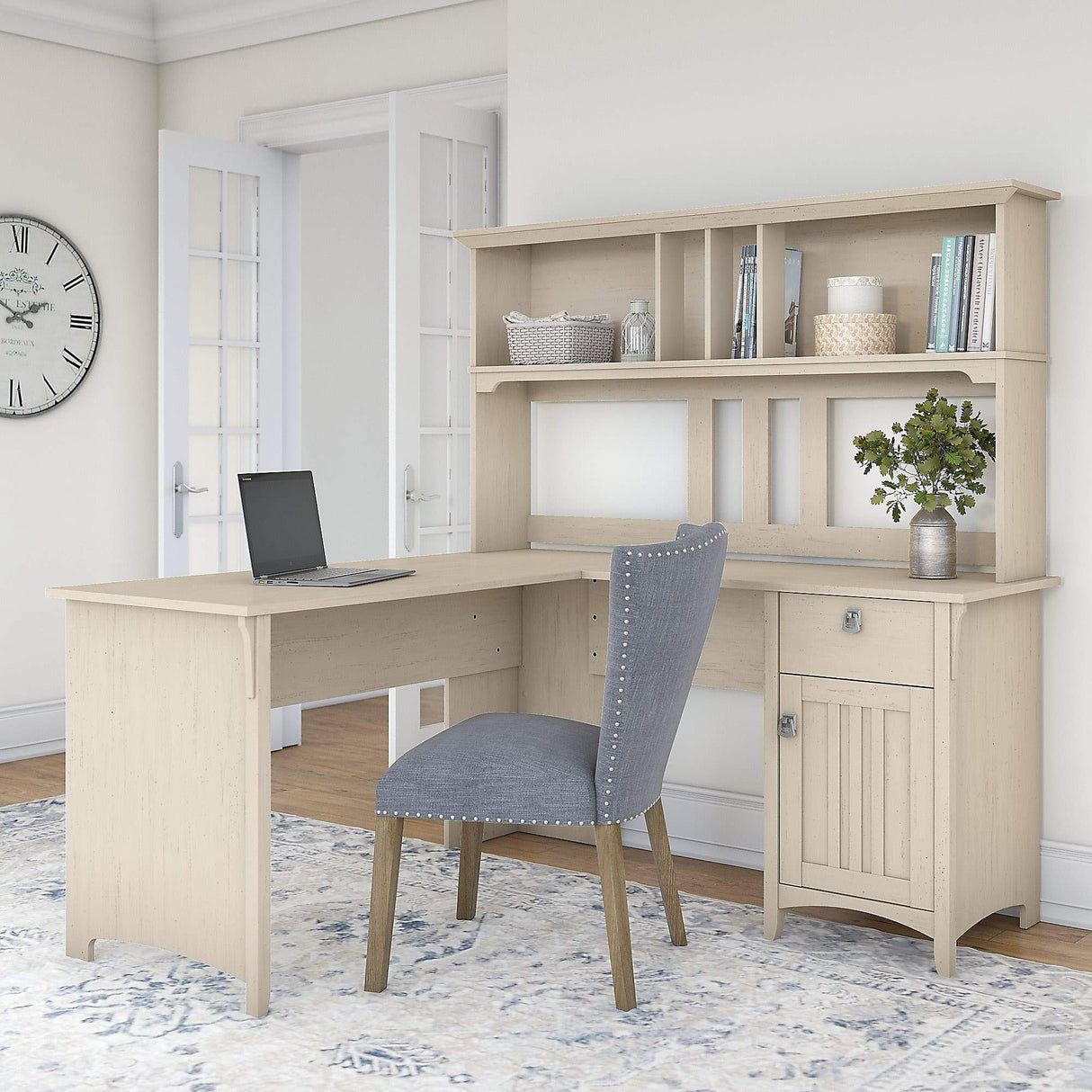 Bush Furniture Salinas L Shaped Desk with Hutch in Antique White | Corner Table with Drawers and Storage for Home Office Bush Business Furniture