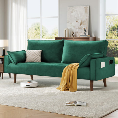 DWVO 68" Loveseat Sofa, Velvet Fabric Sofa Couch for Small Space, Modern Loveseat with Button Tufted Seat and Side Storage Pockect, 3 Seater Couch for Living Room Bedroom, 2 Pillows Included, Green DWVO