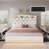 YITAHOME Queen Size Bed Frame with 4 Storage Drawers and RGB LED Lights, 57'' Tall Headboard Velvet Upholstered Bed with Charging Station, No Box Spring Needed, Easy Assembly, Noise-Free, White YITAHOME