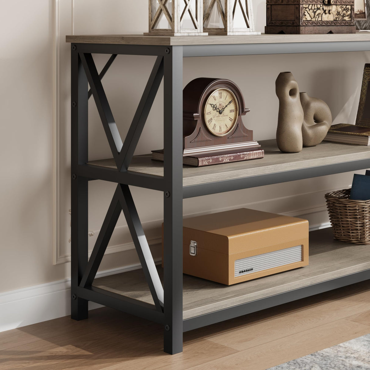 IDEALHOUSE 55 Inch Entryway Table, Narrow Long Console Table with Storage, 3 Tier Wood Sofa Table for Living Room, Industrial Behind Couch Table, Hallway Table for Foyer, Entryway Furniture-Grey IDEALHOUSE