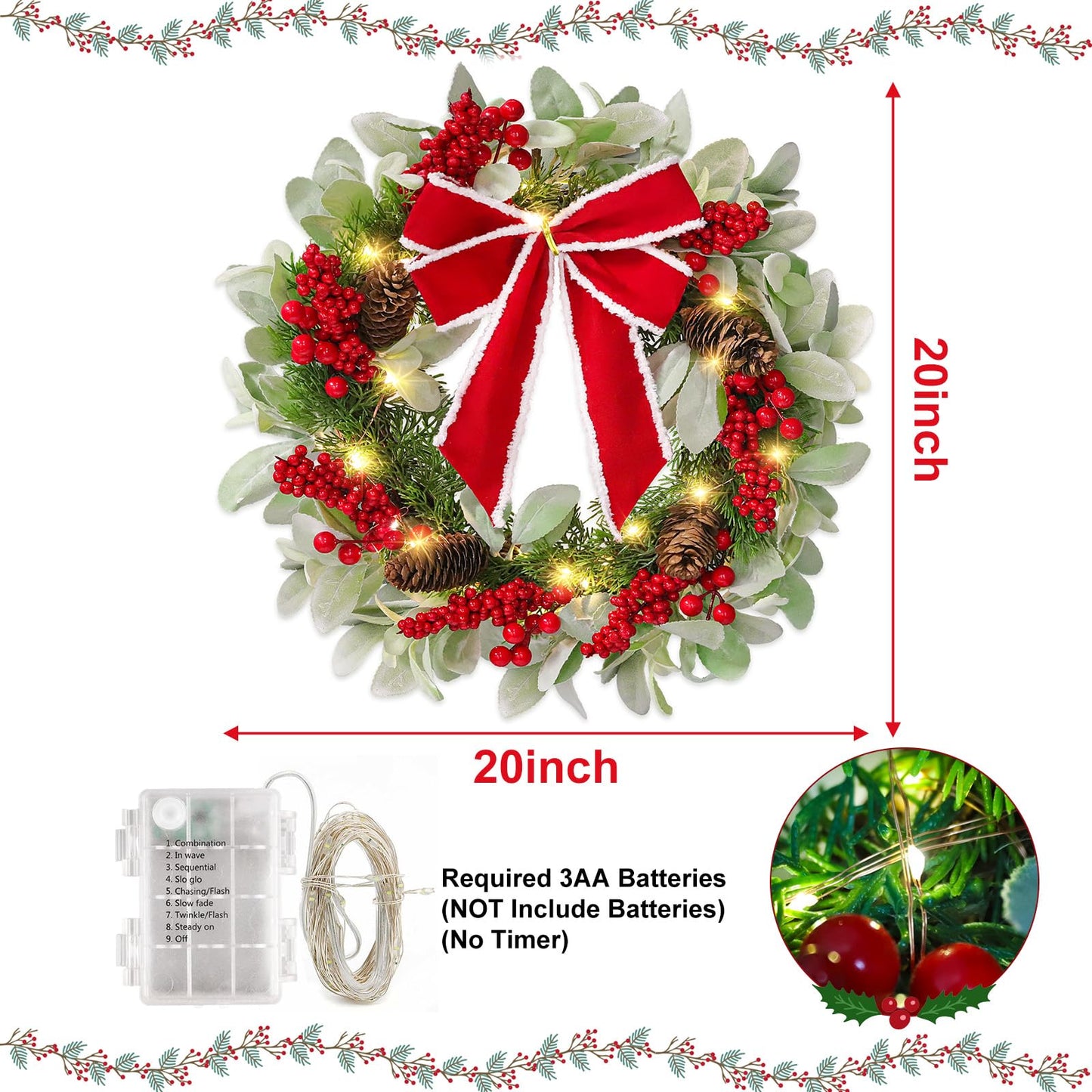 N&T NIETING 20 in Artificial Christmas Wreath for Front Door, Pre-lit Wreaths with Red Bow, Outdoor Christmas Wreaths with Lights Wreath Decorations for Kitchen Wall Home Holiday Xmas Decor