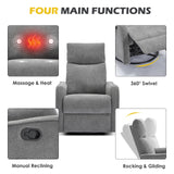 Trustyue Manual Recliner Chair, 360° Swivel Rocker Recliner with Heat and Massage for Small Space, Upholstered Fabric Glider Rocking Chair Nursery Chair with Side Pockets for Living Room, Grey Trustyue