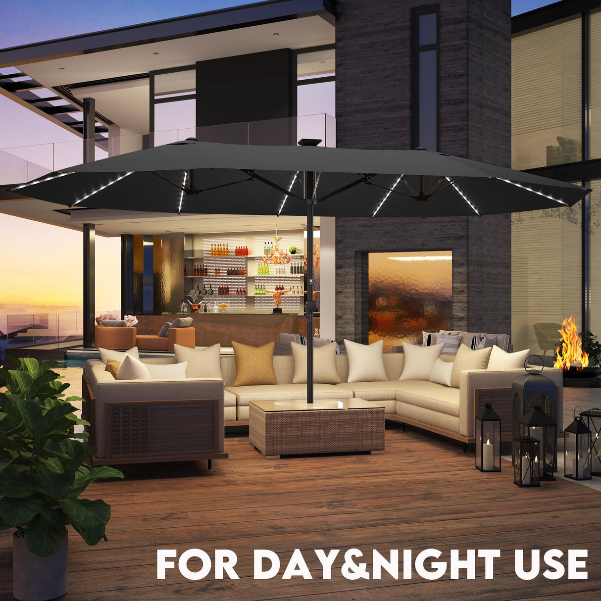 GDPFN 15ft Large Patio Umbrella with Solar Lights, Outdoor Double-Side Rectangular Umbrella, Backyard Pool Umbrella with LED Light for Deck, Outside, Market, Dark Gray (Base Not Include) GDPFN