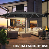 GDPFN 15ft Large Patio Umbrella with Solar Lights, Outdoor Double-Side Rectangular Umbrella, Backyard Pool Umbrella with LED Light for Deck, Outside, Market, Dark Gray (Base Not Include) GDPFN