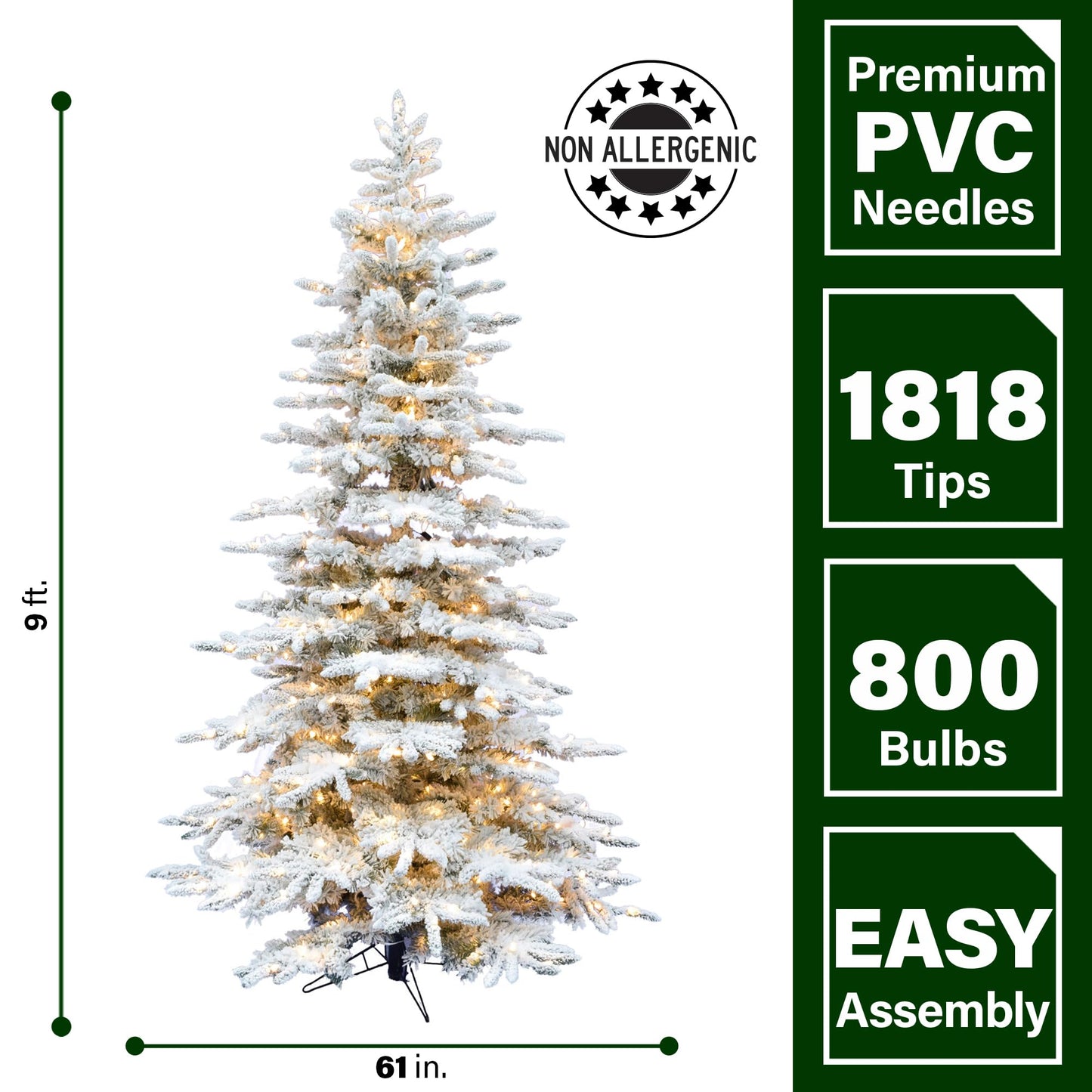 Fraser Hill Farm 9-Ft. Pre-Lit Mountain Pine Snow Flocked Artificial Christmas Tree with Stand, Tall & Foldable Heavily Flocked Christmas Tree with Realistic Foliage & White Incandescent Smart Lights