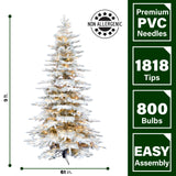 Fraser Hill Farm 9-Ft. Pre-Lit Mountain Pine Snow Flocked Artificial Christmas Tree with Stand, Tall & Foldable Heavily Flocked Christmas Tree with Realistic Foliage & White Incandescent Smart Lights Fraser Hill Farm