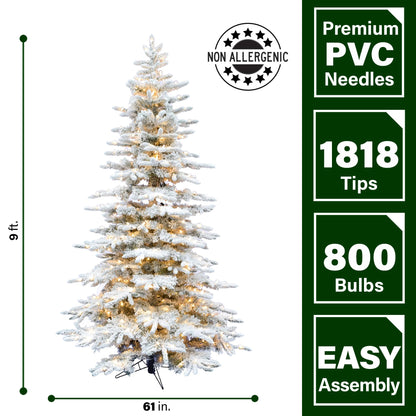 Fraser Hill Farm 9-Ft. Pre-Lit Mountain Pine Snow Flocked Artificial Christmas Tree with Stand, Tall & Foldable Heavily Flocked Christmas Tree with Realistic Foliage & White Incandescent Smart Lights