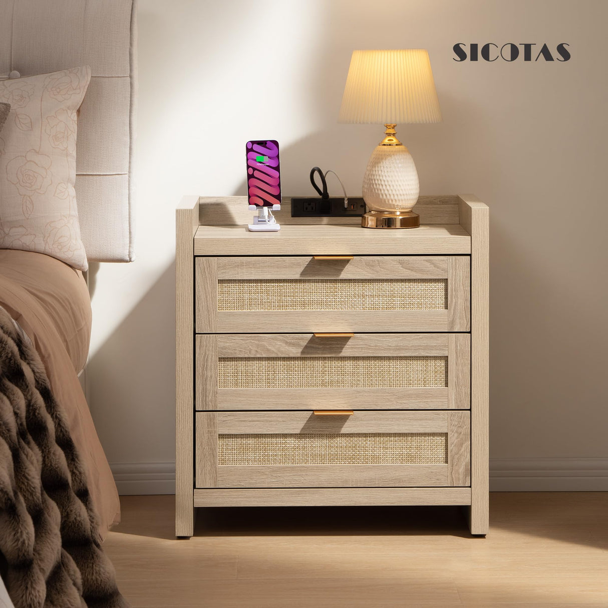SICOTAS Rattan Nightstands Set of 2 Bedside Table - Larger Night Stand with Type-C Charging Station, 3 Drawers Storage - Boho Night Stands End Table for Bedroom - Light Oak SICOTAS