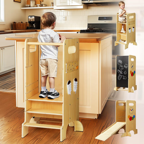 JUZBOT Toddler Tower 4 in 1 Toddler Kitchen Stool Helper Adjustable Standing Tower for Kitchen Counter with Safety Board, Slide, Chalkboard, Montessori Activities JUZBOT