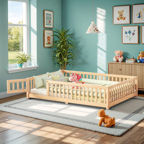 A ALFRESCOOL Full Size Montessori Floor Bed with Safety Guardrails and Convertible Door, Sturdy Pine Wood Floor Bed Frame with Wooden Supports Slats for Toddlers Kids Girls Boys Bedroom (Natural) A ALFRESCOOL