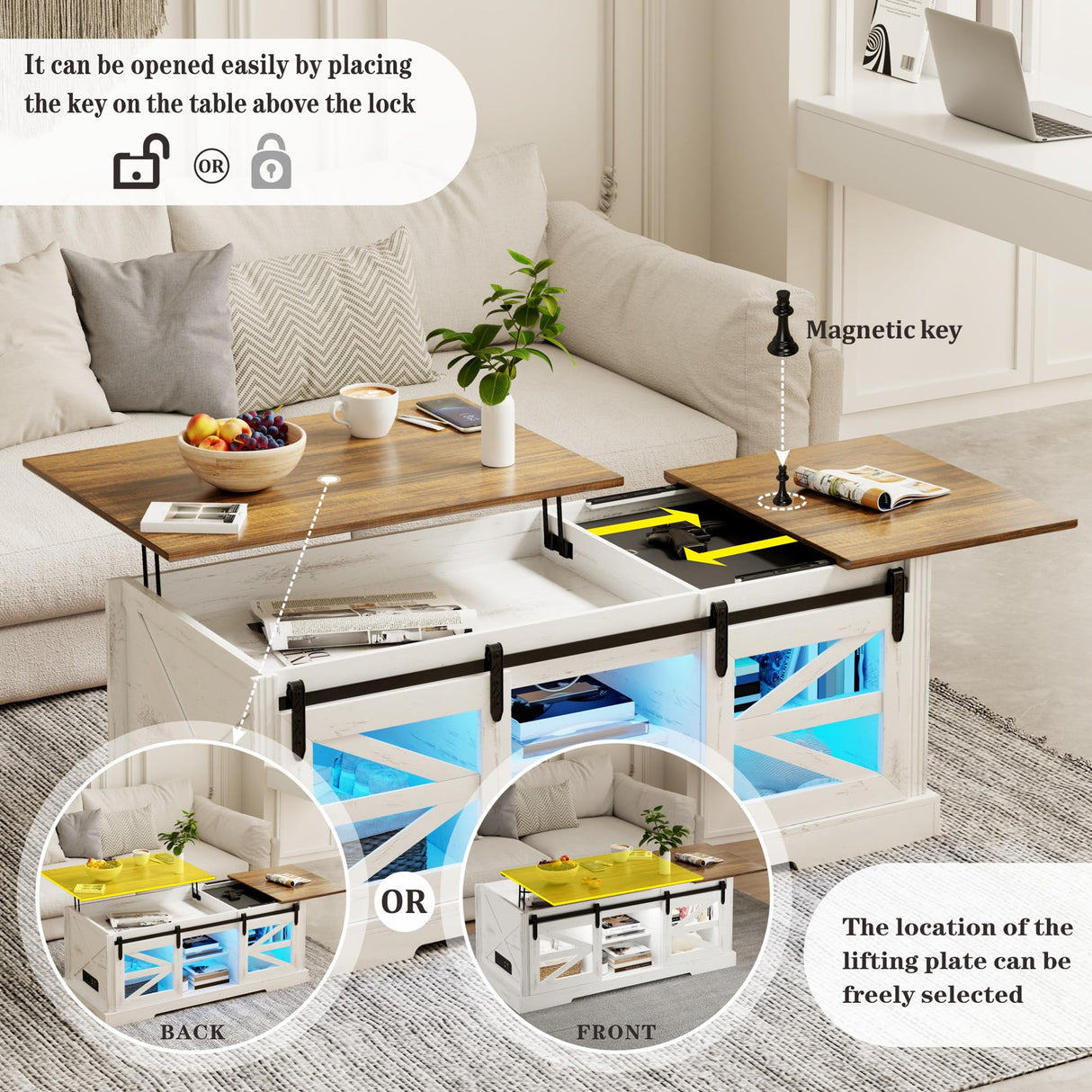 Lift Top Coffee Table with Gun Cabinet, 2 Sliding Barn Doors-Large Storage and 3 Color LED Lights fit Modern Rectangular Rustic Living Room Center Table(White) HWB