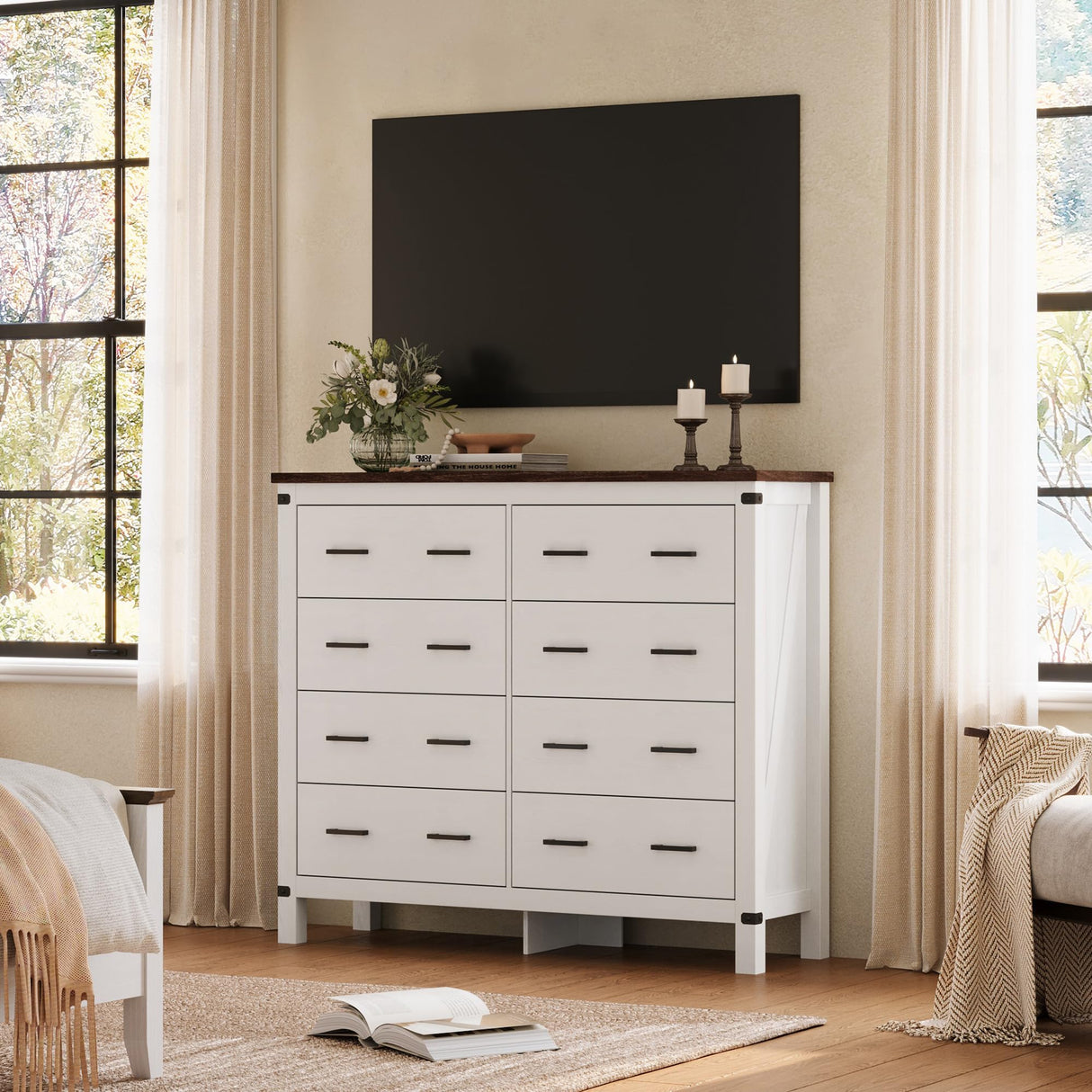LINSY HOME Farmhouse 8 Drawer Double Dresser for Bedroom, 50” Wide Rustic Wood Chest with Deep Drawers, Modern Dressers with Storage and Metal Handles for Closet, Living Room, Hallway, Off White LINSY HOME