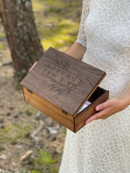 Custom Personalized Wooden Keepsake box - Wedding Card box, Anniversary, Engagement Gift for Couple, Bride, Groom, Wood Memory gift box (Walnut)