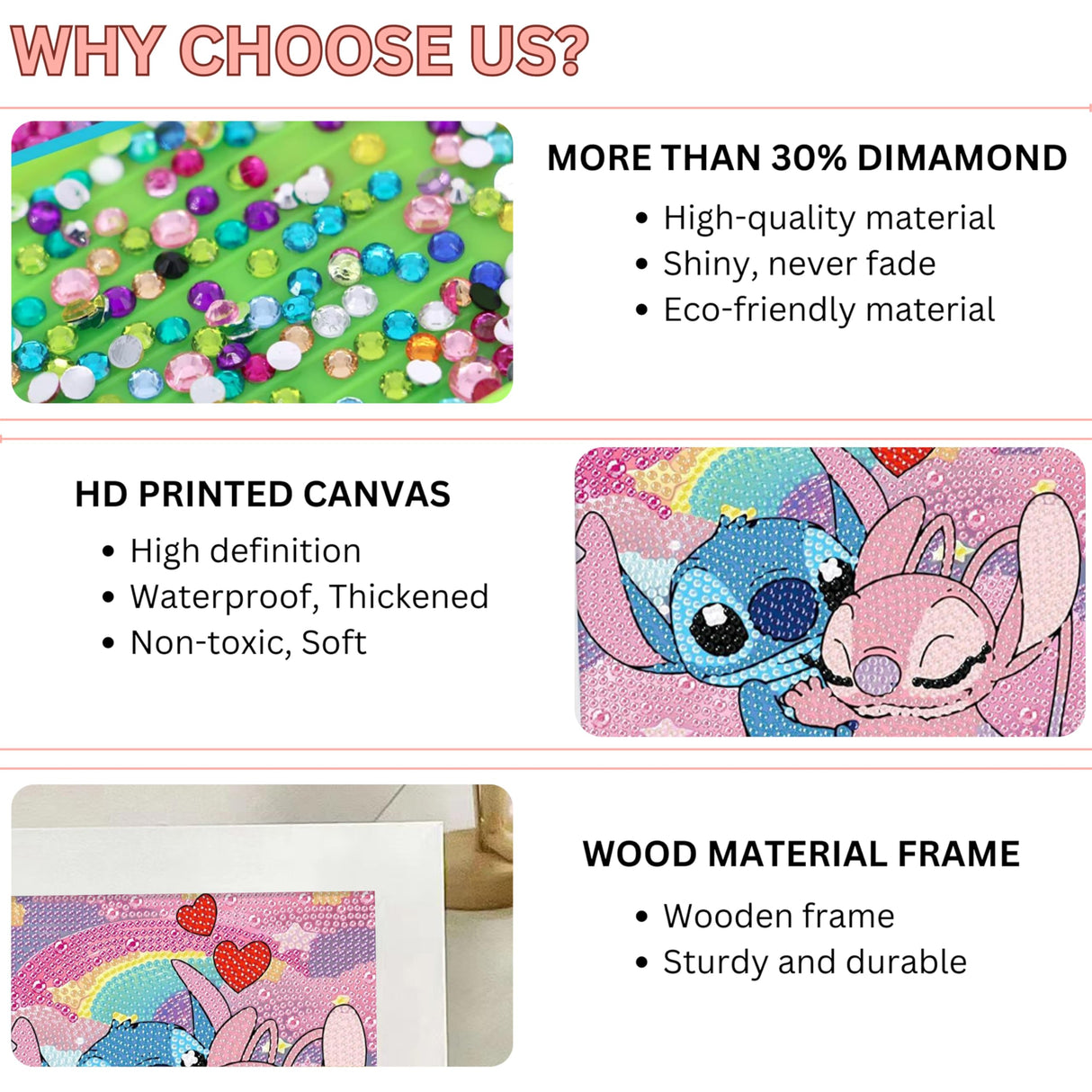 USACRAFT Cute Diamond Painting Kits Large 7x7 Natural Wooden Frame, Pre-Mounted Canvas, Sparkling Crystal Gems, Pen, Arts & Crafts Tray, Gum. Famous Characters, Adorable Animals (ST.Love) USACRAFT