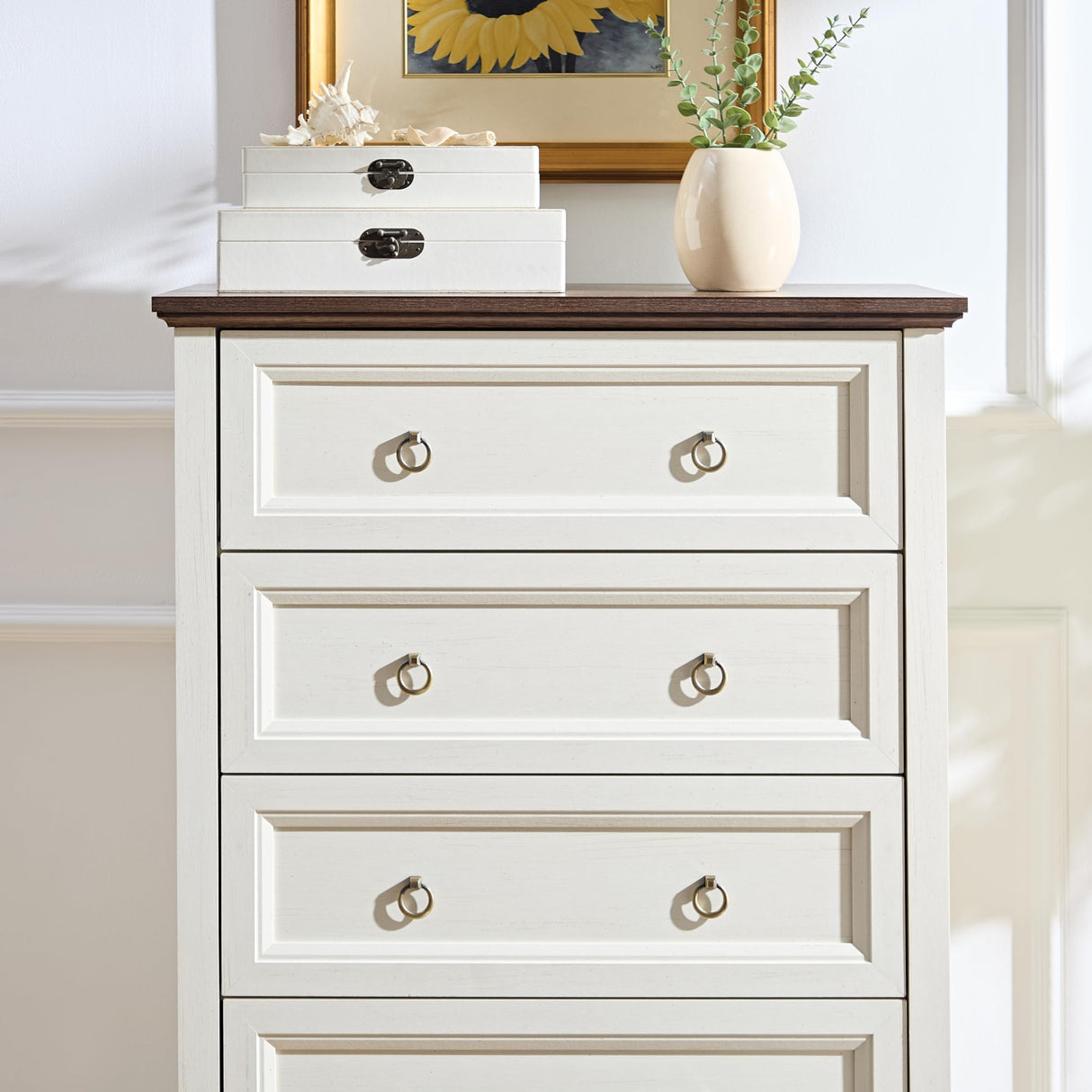 OKYCI Farmhouse 5 Drawer Dresser, Tall Dressers for Bedroom, Wood Chest of Drawers with 1.2" Thickened Top - 31.5" W * 48" H, Antique White OKYCI