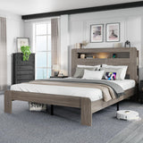 Queen Size Wooden Bed Frame with Bookcace Storage Headboard, Rustic Farmhouse Bedframe with LED Lights and Charging Station, Sturdy and Stable, Slat Support, No Box Spring Required (Light Brown) PAUKIN