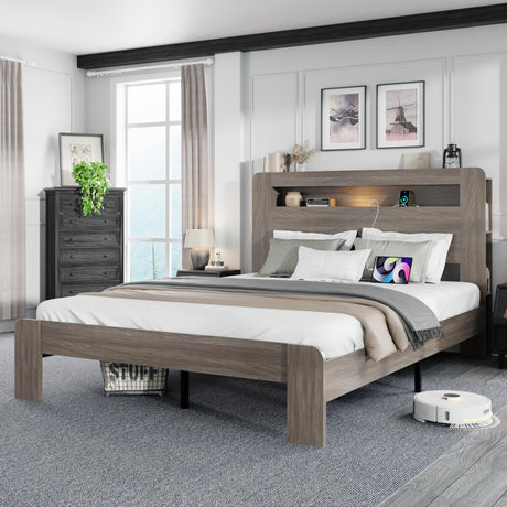 Full Size Wooden Bed Frame with Bookcace Storage Headboard, Rustic Farmhouse Bedframe with LED Lights and Charging Station, Sturdy and Stable, Slat Support, No Box Spring Required (Light Brown, Full) PAUKIN