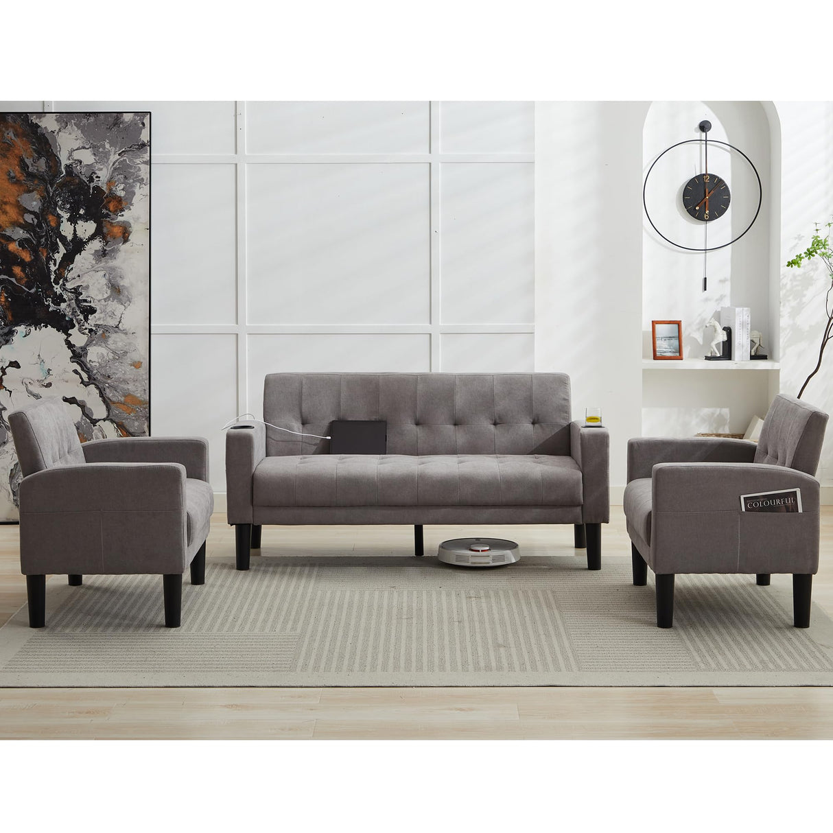 TYBOATLE Sofa Couch, Living Room Furniture Sectional Sofa Sets 3 Pcs, Tufted Mid-Century Loveseat w/USB, Cupholders & Comfy Single Sofa for Small Space, Apartment, Office (Light Grey) TYBOATLE