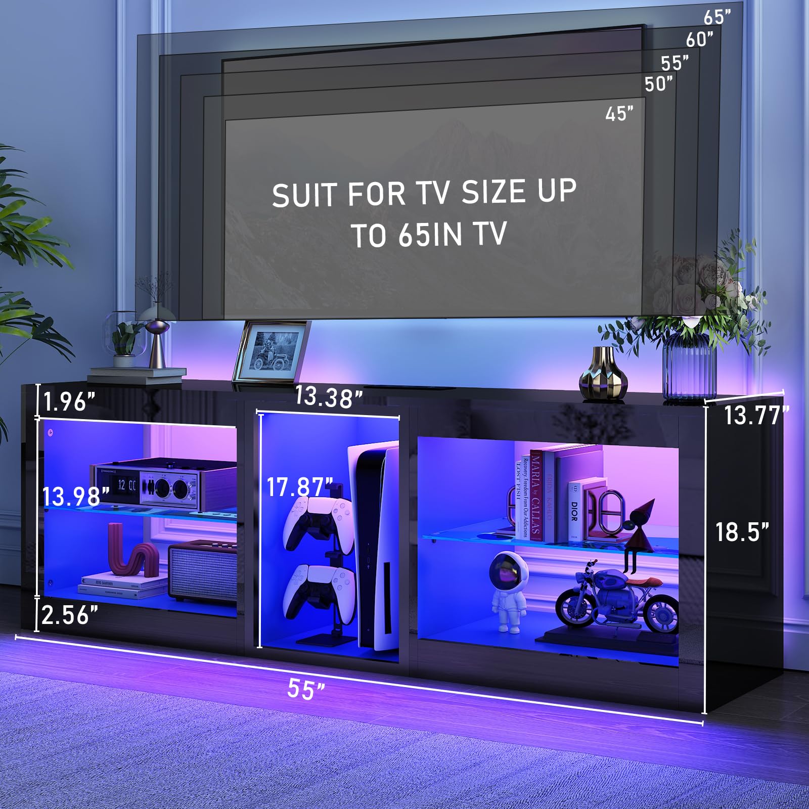 chartustriable LED TV Stands W/Power Outlet for 50 55 60 65Inch TV,Black Entertainment Center W/70000-Colors Lights,High Gloss LED TV Console w/Adjustable Glass Shelves for Living Room Gamero - WoodArtSupply