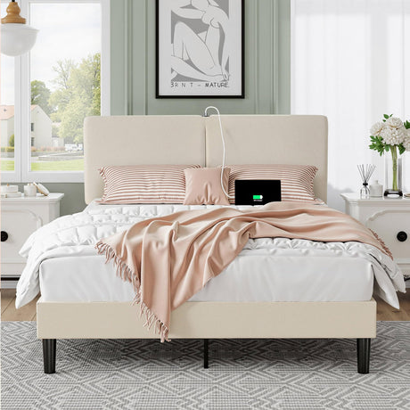 VECELO Queen Bed Frame with Type-C & USB Ports, Upholstered Platform Height-Adjustable Cotton and Linen Headboard, No Box Spring Needed, Noise-Free, Easy Assembly, Beige VECELO