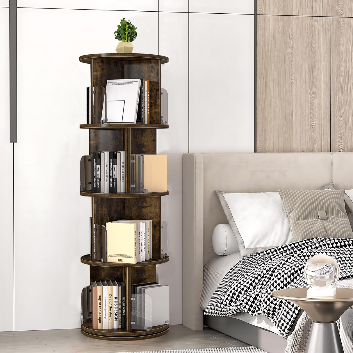 VECELO 4 Tier Revolving Bookshelf Tower, 360° Display Floor Standing Storage Rack with Acrylic Visible Window Partition for Bedroom, Living Room Home and Office, Brown VECELO