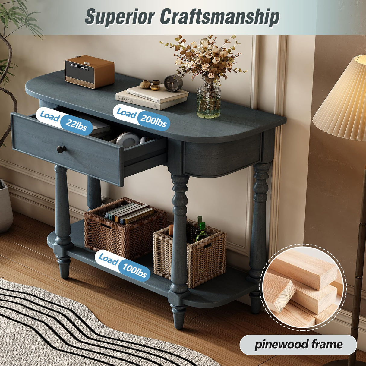 HZXINKEDZSW Retro Corner Curved Console Table Sofa Table with Top Drawer and Open Shelf, Wood Entryway Table with Spindle Shape Legs for Narrow Hallway Living Room Foyer Entranc (Navy) HZXINKEDZSW