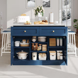 YITAHOME 3 Piece Kitchen Island Set with 2 Chairs, Large Kitchen Island with Seating and Storage, Dining Counter Table with Power Outlet, Drawers, Spice/Towel Rack, White Marble Finish, Navy Blue YITAHOME