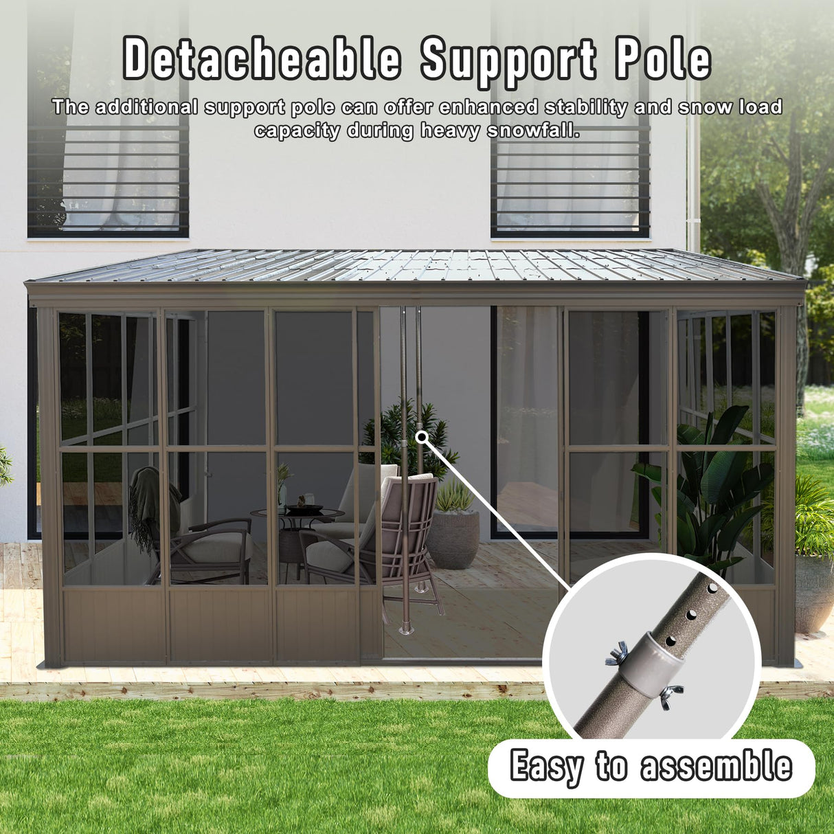 Domi 12x16FT Lean-to Sunroom, Wall Mounted Solarium with Galvanized Steel Sloping Roof, Moveable PVC Screen, Front Door&Side Sliding Door, Outdoor Permanent Gazebo Against Wall Sun Room for Patio Deck domi outdoor living