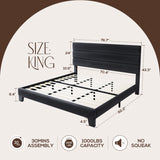 WEEWAY King Bed Frame Platform Bed with Velvet Upholstered Headboard and Wooden Slats Support, Heavy Duty Mattress Foundation, No Box Spring Needed, Easy Assembly, Black WEEWAY