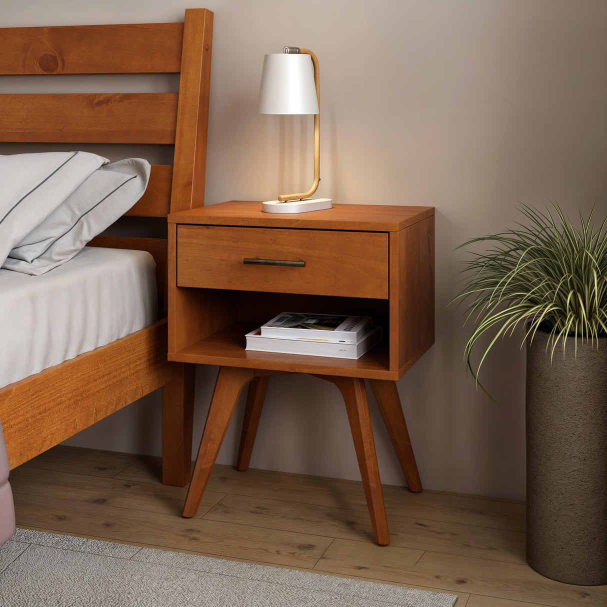 Mid Century Modern One Drawer Nightstand/Constructed of Solid Wood/Castanho Finish Camaflexi