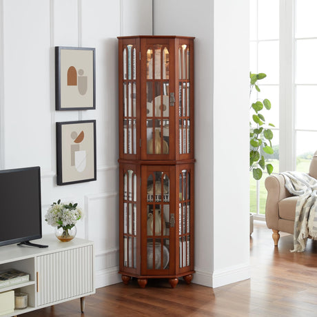 Anveffeg Corner Curio Cabinet with Glass Shelves, Tempered Glass Doors, Solid Wood Legs, 70H x 22W x 16.95D inches (Walnut) Anveffeg