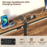 Rolanstar Bed Frame King Size with USB Charging Station, LED Bed Frame with Wood Storage Headboard, Rustic Brown Metal Platform Bed with Under Bed Storage, No Box Spring Needed, Noise Free Rolanstar