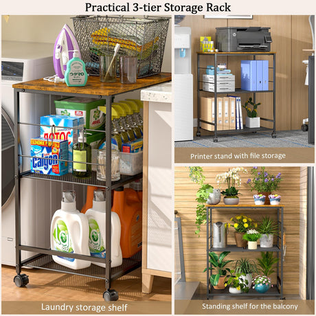 ThreeHio Rolling Kitchen Microwave Cart, 3 Tier Microwave Table Stand with Storage, Kitchen Utility Cart on Lockable Wheels, Small Coffee Cart Shelf Rack Organizer for Living Room Office, Balcony ThreeHio