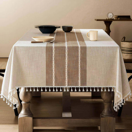 ZeeMart Contrast Linen Table Cloth Rectangle Table Cloths 60x84 Inch Brown, Farmhouse Style Heavy Weight Beige Tablecloth, Water Resistant Burlap Tablecloths ZeeMart