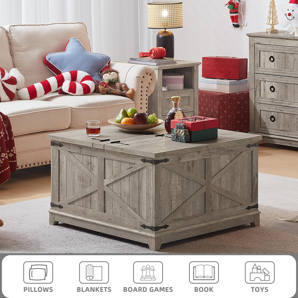 Joaxswe Farmhouse Coffee Table with Hidden Storage Organizer, Modern Square Large Center Table, Wood Farm House Low Rustic Light Oak Living Room Tables with Hinged Lift Top for Home, Office Joaxswe